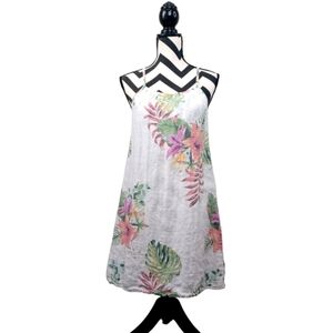 Lungo L'arno 100% Linen Botanical Floral Beachy Coastal Mini Dress